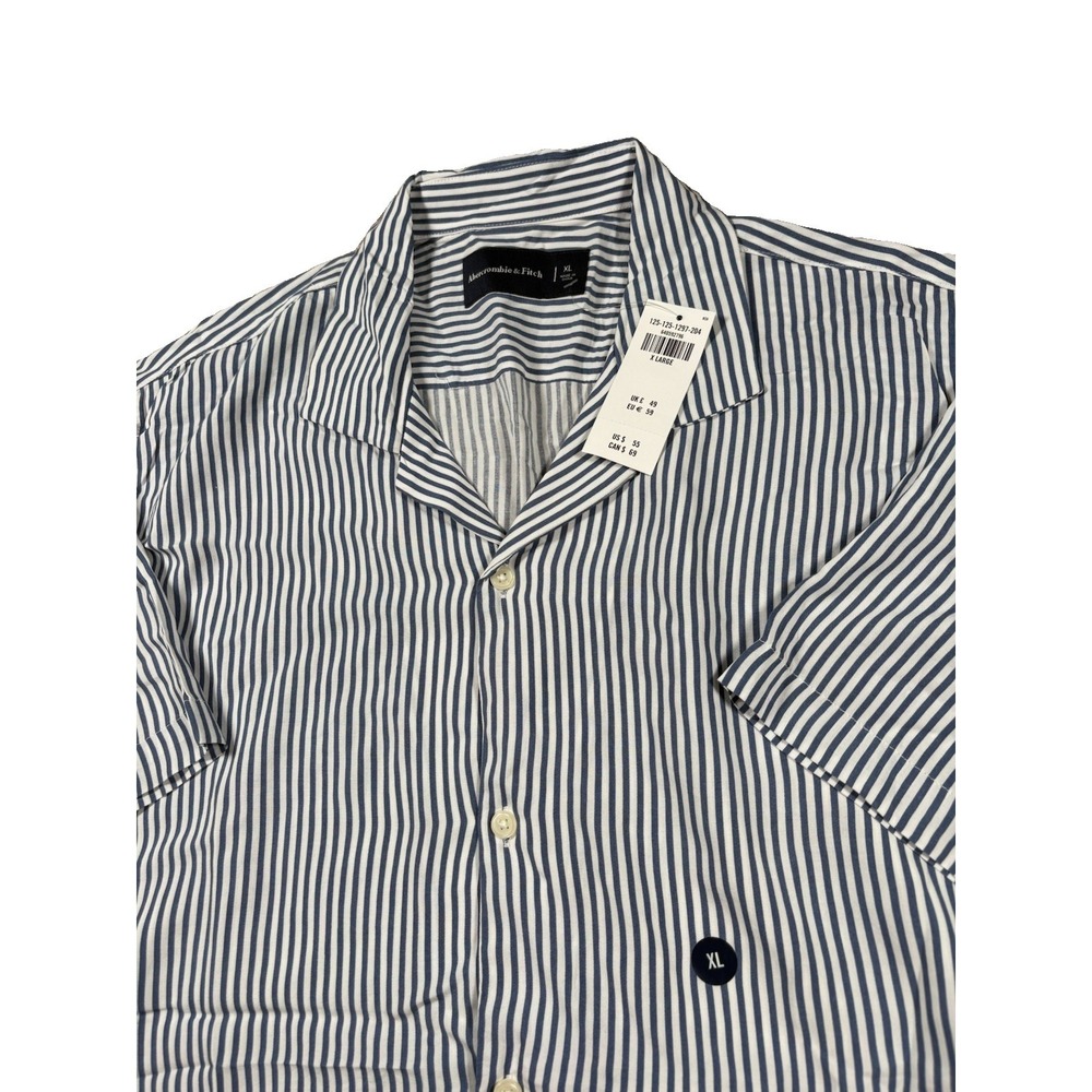 Abercrombie & Fitch Camp Shirt Mens XL Blue White Vertical Stripe Short Sleeve